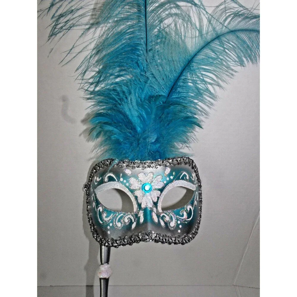 Beautiful Venetian Hand Painted Mask Venice Feathers Blue Masquerade with Handle